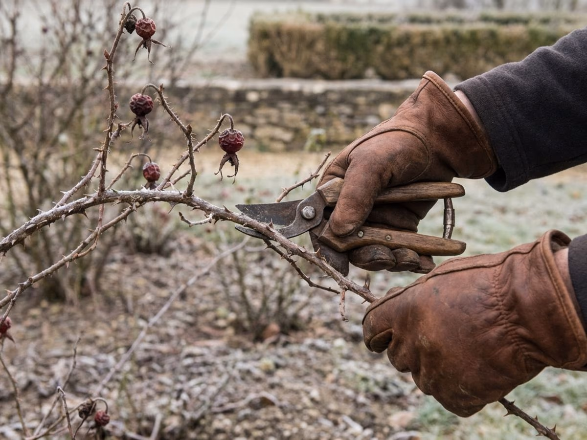 Mains gantees en cuir vachette taillant un rosier au secateur en plein hiver