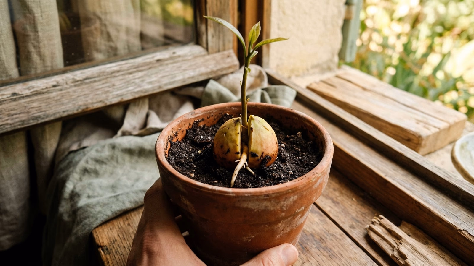 Noyau d'avocat en germination posé dans un pot de terreau humide, jeune racine pivot blanche visible et tige verte naissante