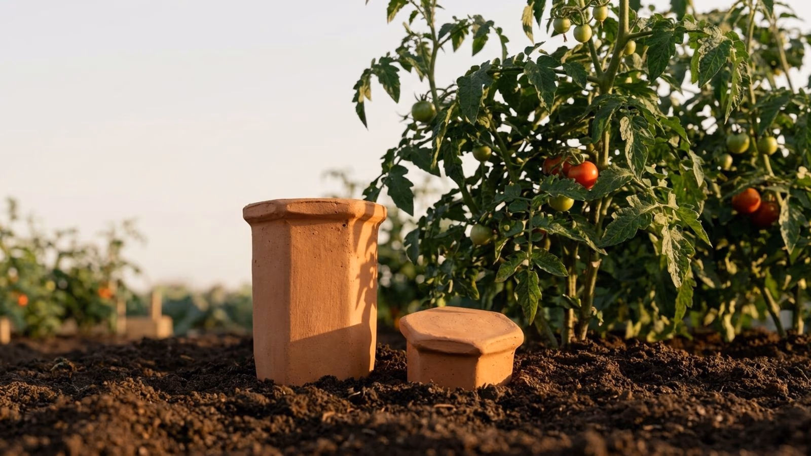 Oya en terre cuite enterree au pied de plants de tomates dans un potager francais a l'aube, couvercle terracotta visible juste au-dessus du sol
