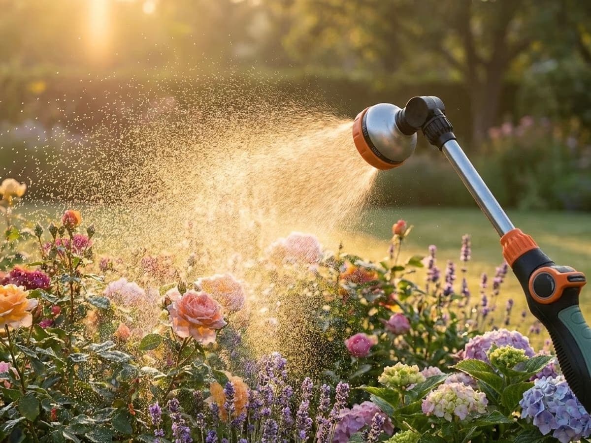 Pistolet d'arrosage en mode brume vaporisant un massif de fleurs vivaces au lever du jour