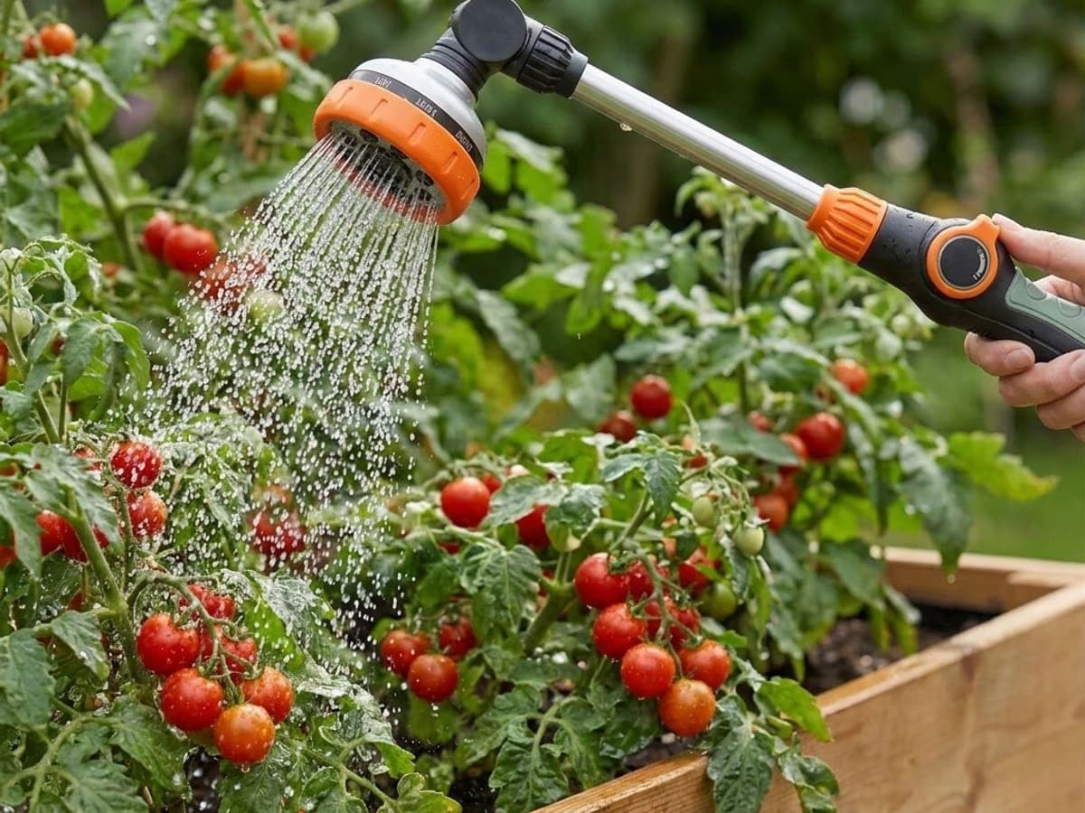 Mode douche du pistolet d'arrosage utilise sur une jardiniere de tomates cerises en fin de journee