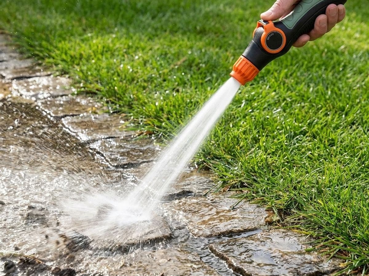 Mode jet droit puissant utilise pour nettoyer une allee gravier en bordure de pelouse