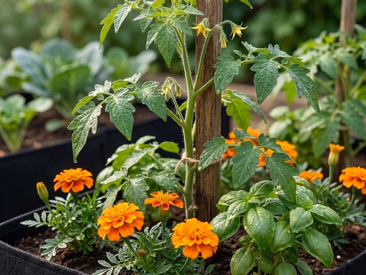 Plant de tomate cerise avec basilic et oeillets d'Inde au pied dans une planche de culture en pleine terre