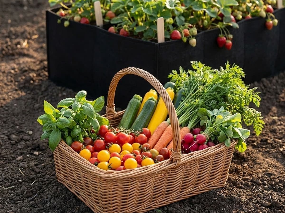 Panier en osier rempli de legumes frais multicolores juste recoltes pose sur une planche de culture en pleine terre