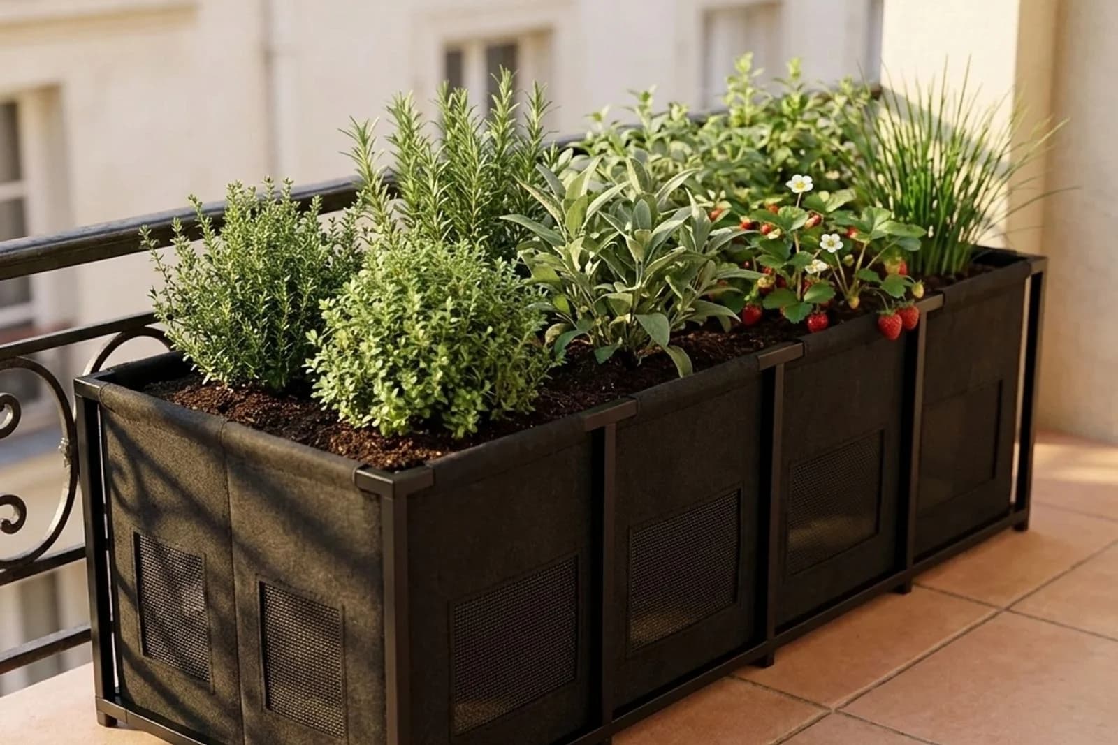 Aromatiques en bac sur un balcon
