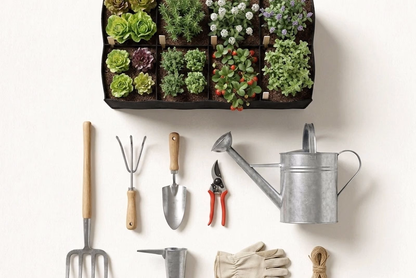 Set d'outils de jardinage potager pose a plat sur fond ecru : grelinette, griffe, transplantoir, secateur, arrosoir, gants
