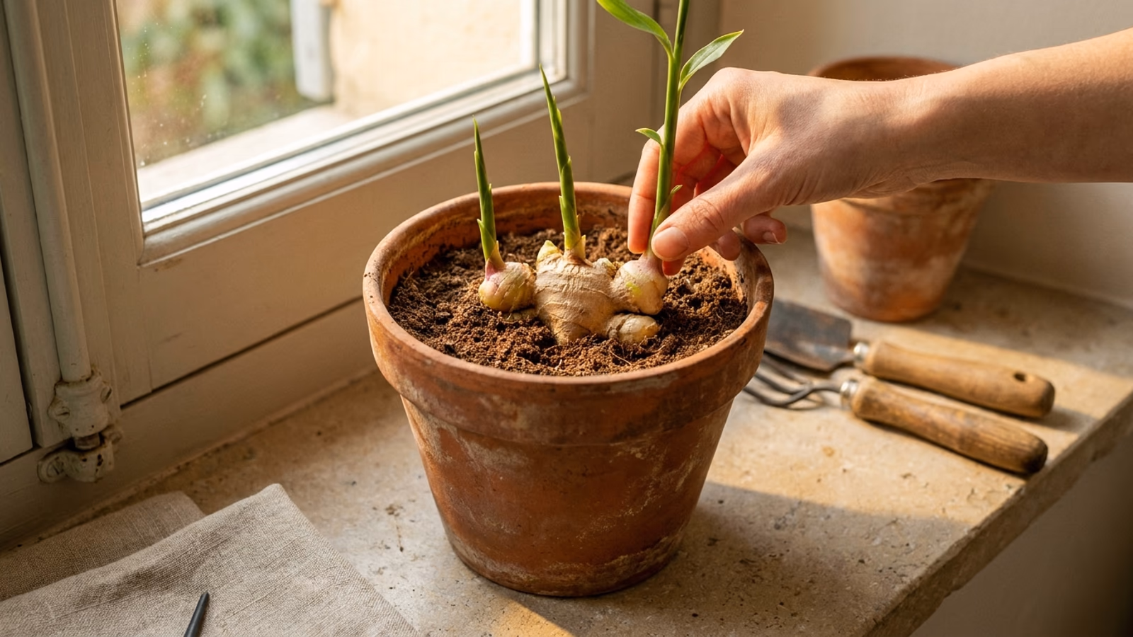 Rhizome de gingembre frais bourgeonné posé sur terreau dans un pot en terre cuite près d'une fenêtre lumineuse