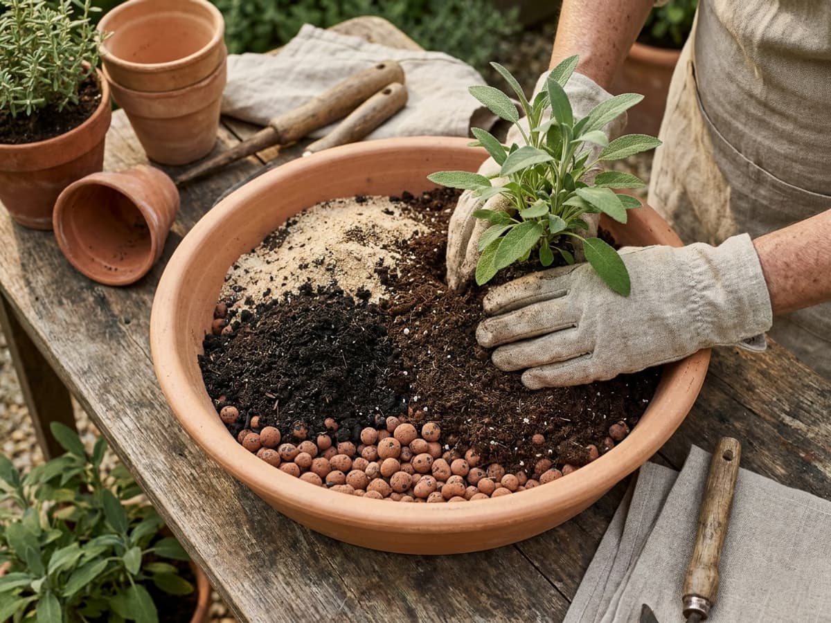 Pot en terre cuite large et peu profond avec couche de billes d'argile au fond et mélange terreau-compost-sable