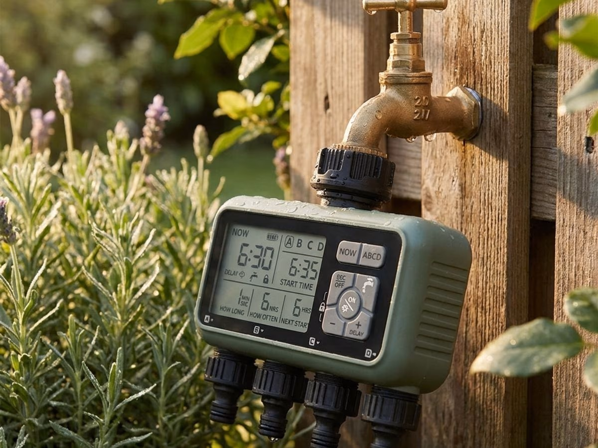 Programmateur d'arrosage 4 zones visse sur un robinet exterieur francais, jardin flou en arriere-plan