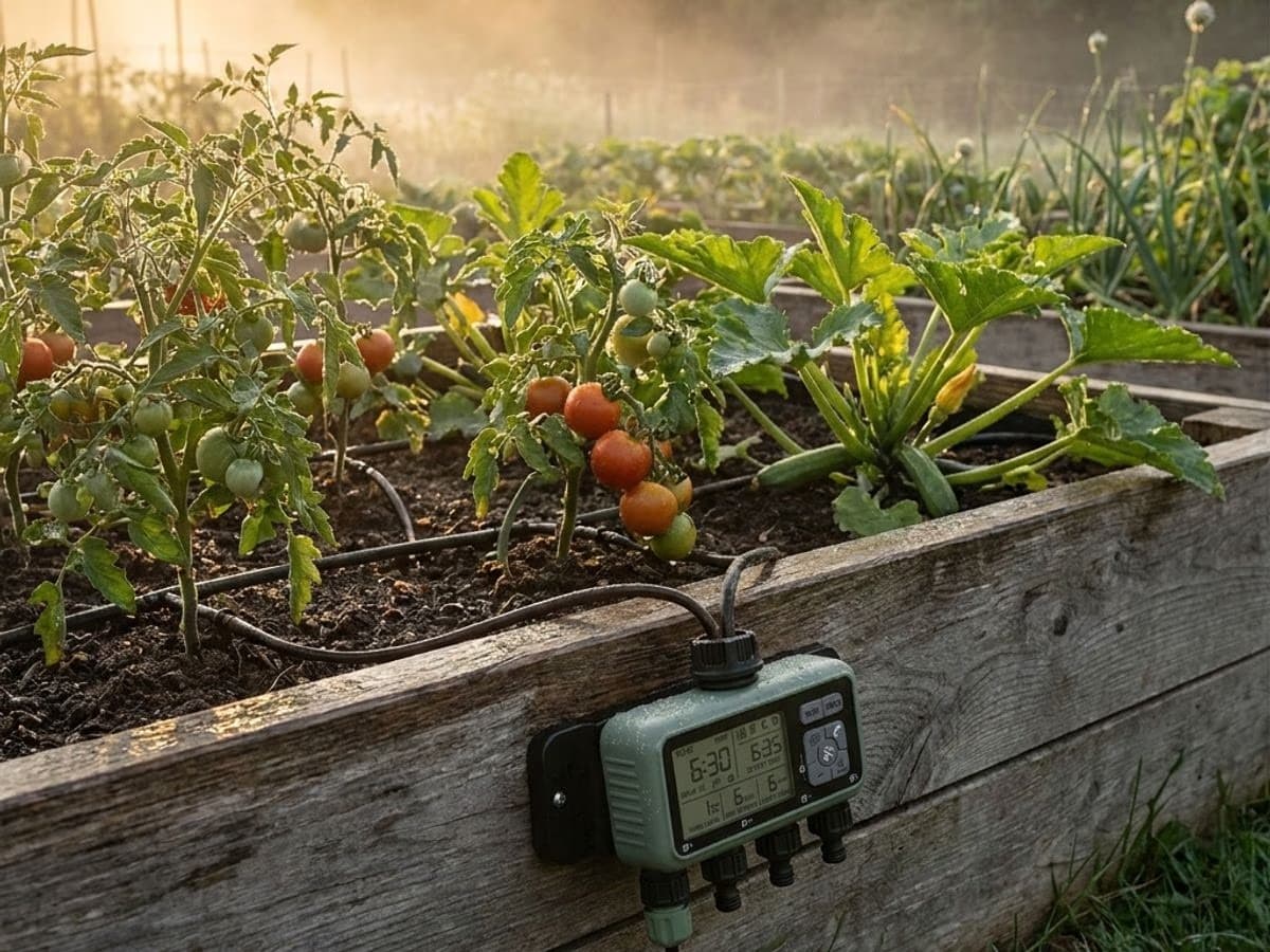 Potager familial francais arrose a l'aube, brume legere, gouttes sur les feuilles de tomates