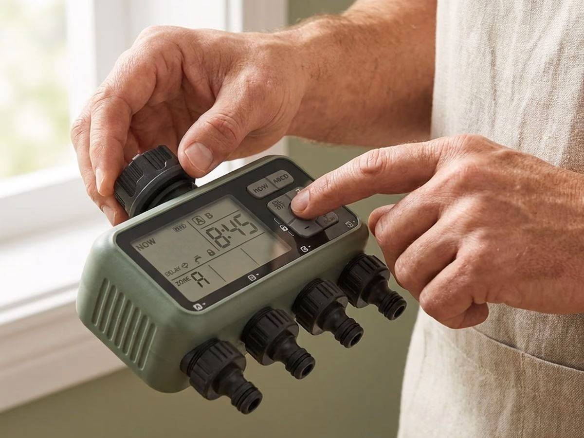 Mains adultes reglant les programmes sur l'ecran LCD du programmateur d'arrosage 4 zones
