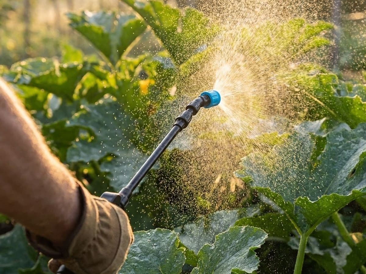 Application foliaire de purin d'ortie dilue au lever du soleil sur des courgettes, gouttes fines en contre-jour