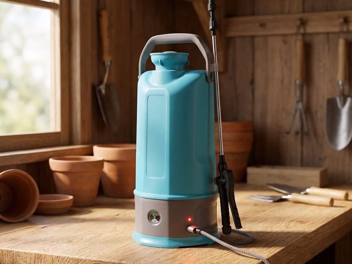 Pulverisateur electrique 5L en charge USB-C posee sur etabli bois clair dans atelier de jardin