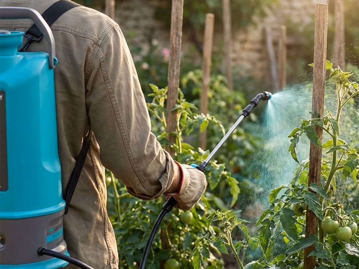 Pulverisateur electrique 5L a dos en action sur un rang de tomates, lance pulverisant fin brouillard sur feuillage