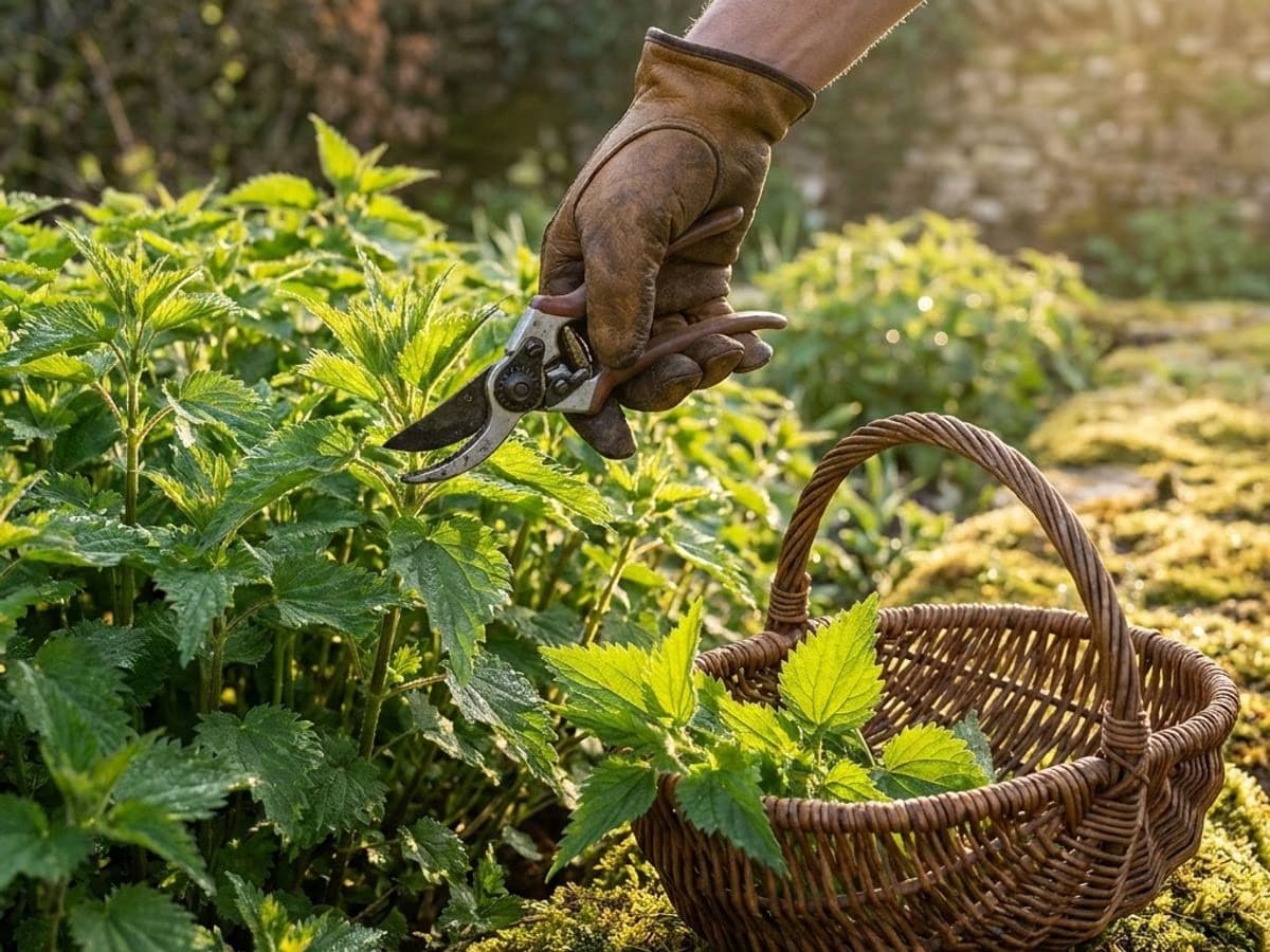 Cueillette d'orties tendres au sécateur dans un jardin de campagne français en avril