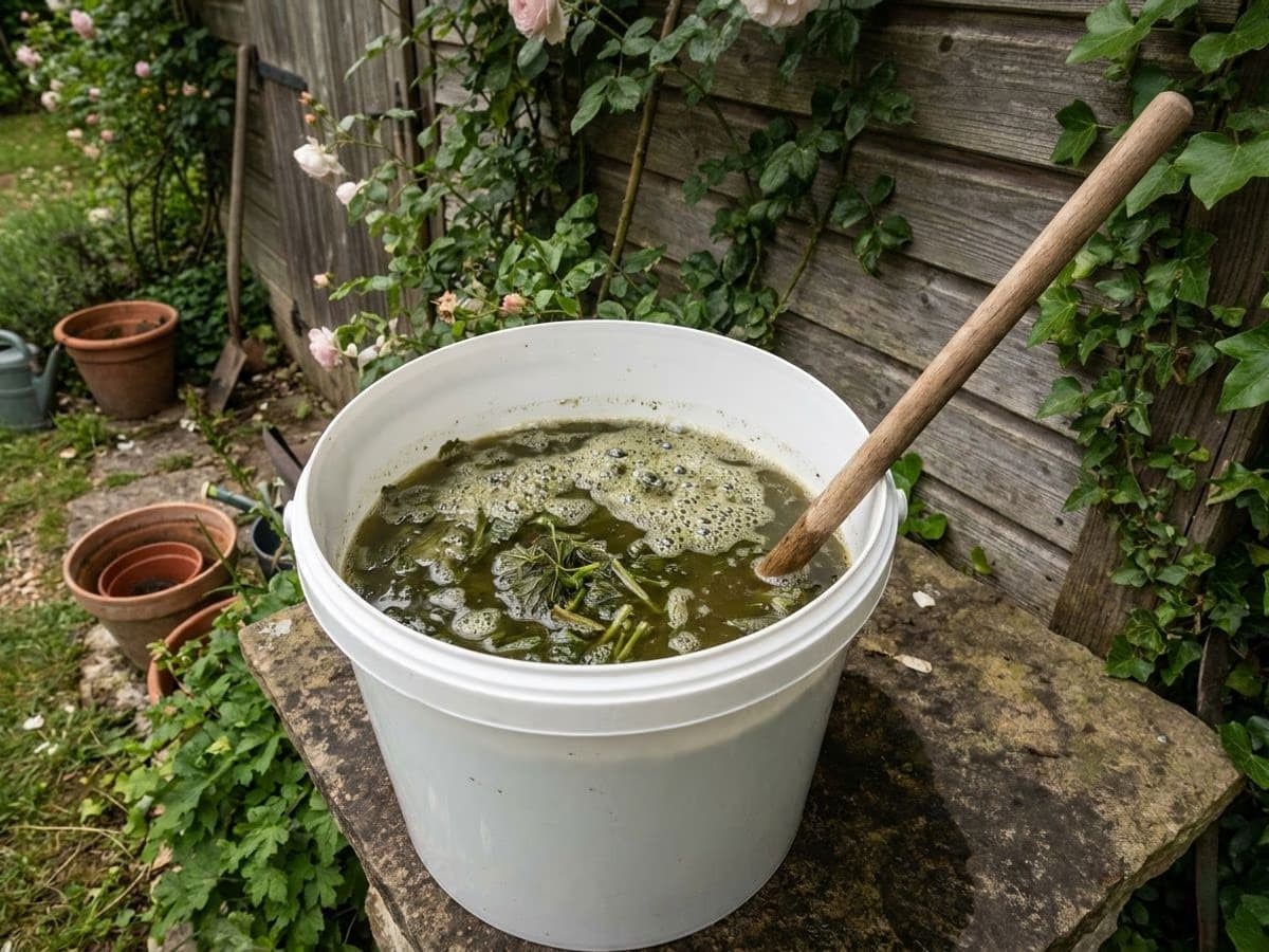 Cuve de fermentation de purin d'ortie en cours, bulles visibles en surface du liquide vert olive