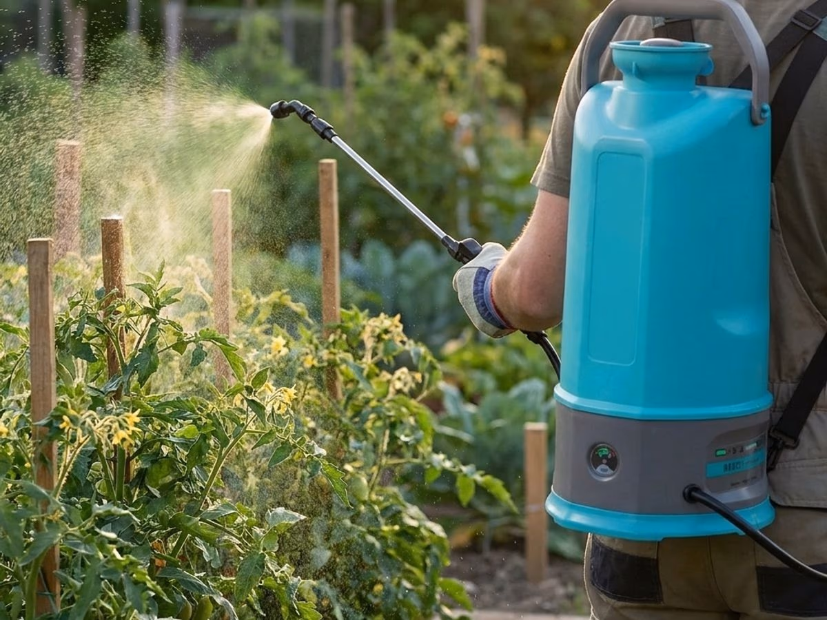 Pulvérisation de purin d'ortie dilué à 5 pourcent sur des plants de tomates au lever du soleil