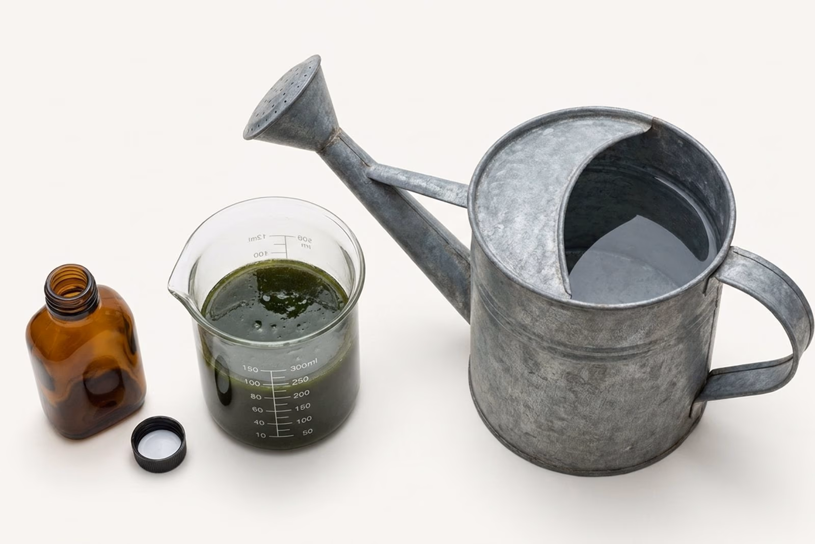 Arrosoir en zinc, gobelet doseur en verre et bidon ambré de purin d'ortie pour préparer une dilution à 10 pourcent