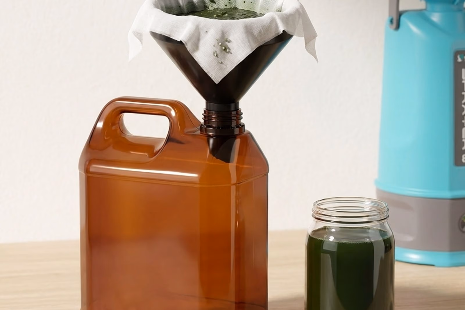 Filtration du purin d'ortie à travers une mousseline blanche dans un entonnoir noir vers un bidon ambré