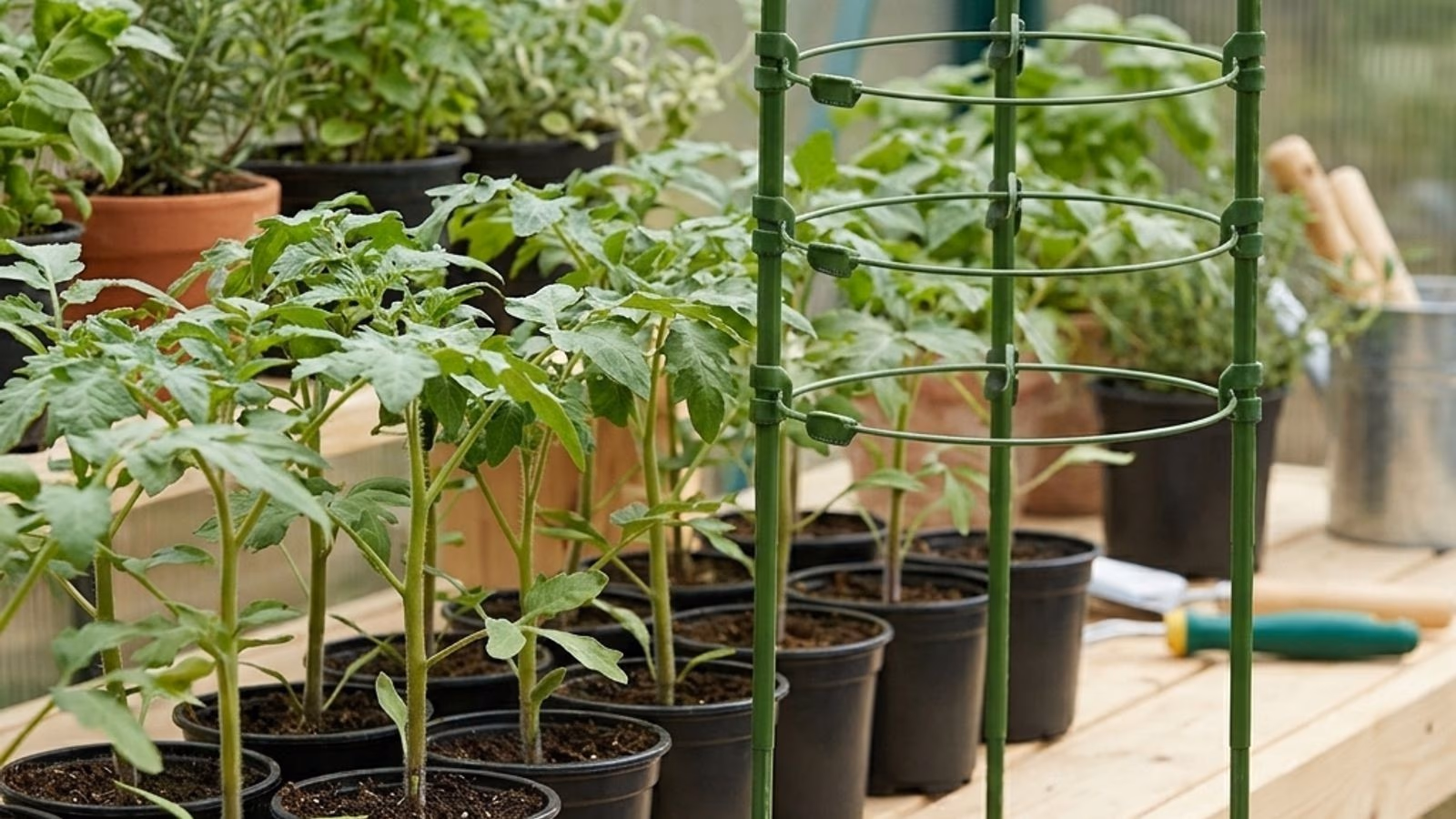 Jeunes plants de tomates en godets prêts à être repiqués au potager, fin avril en France