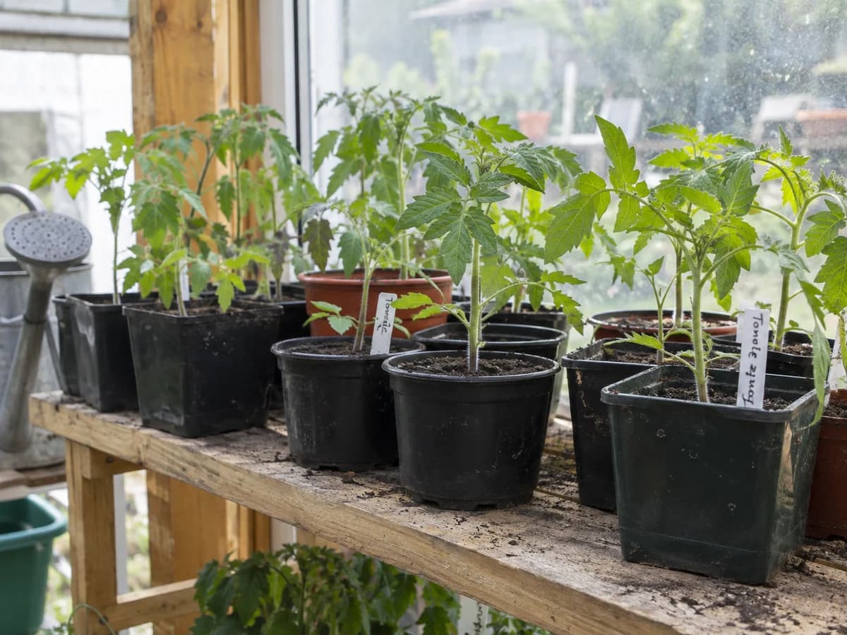 Jeunes plants de tomates en godets sur une etagere lumineuse, prêts pour la sortie en endurcissement