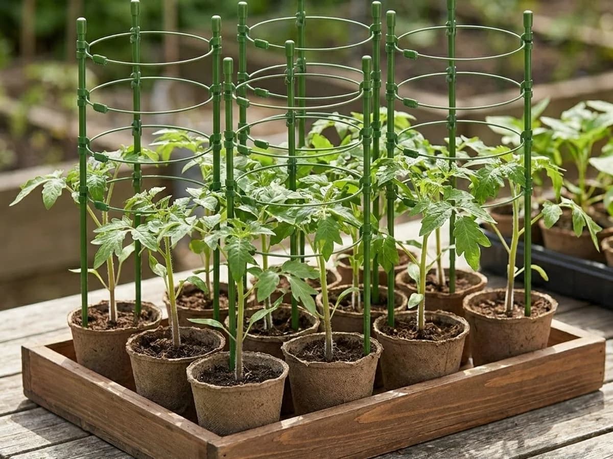 Jeunes plants de tomates en godets sur une etagere lumineuse, prets pour la sortie en endurcissement