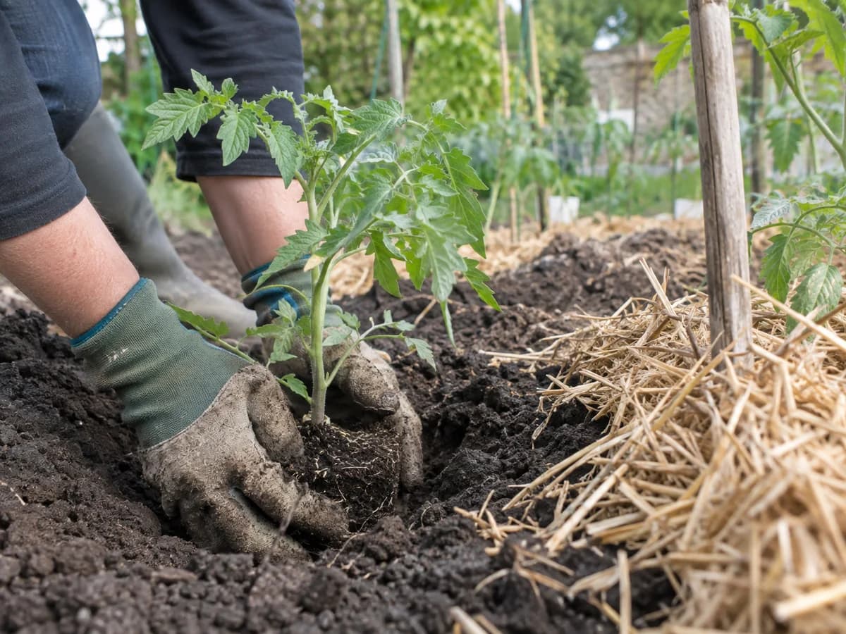 Mains gantees repiquant un plant de tomate dans une terre brune sombre, paillage paille a cote