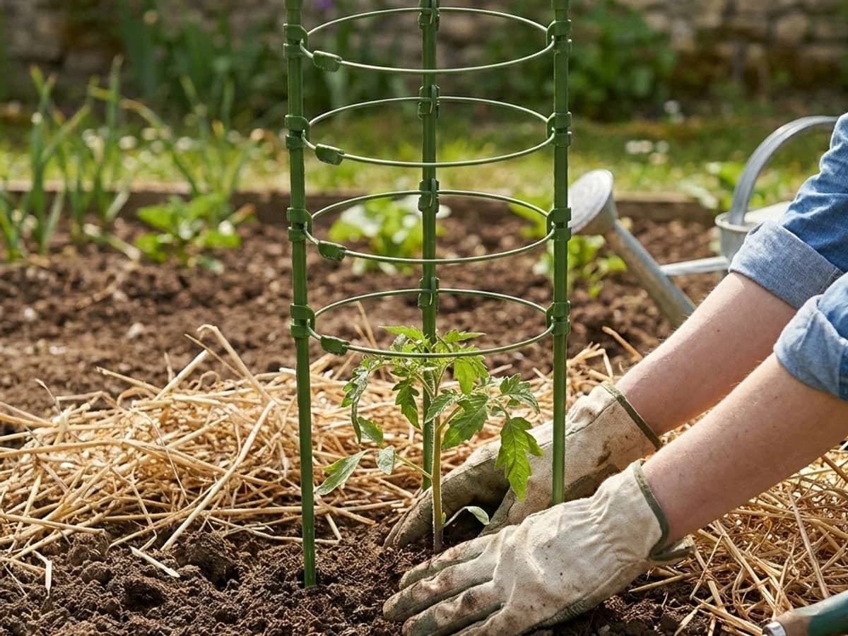 Mains gantees repiquant un plant de tomate dans une terre brune sombre, paillage paille a cote