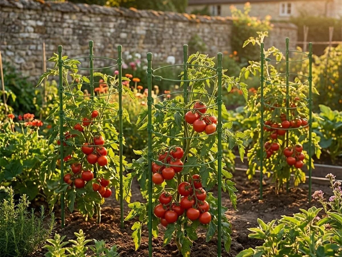 Grappes de tomates rouges en formation sur des plants tuteures verticalement dans un potager francais en juillet
