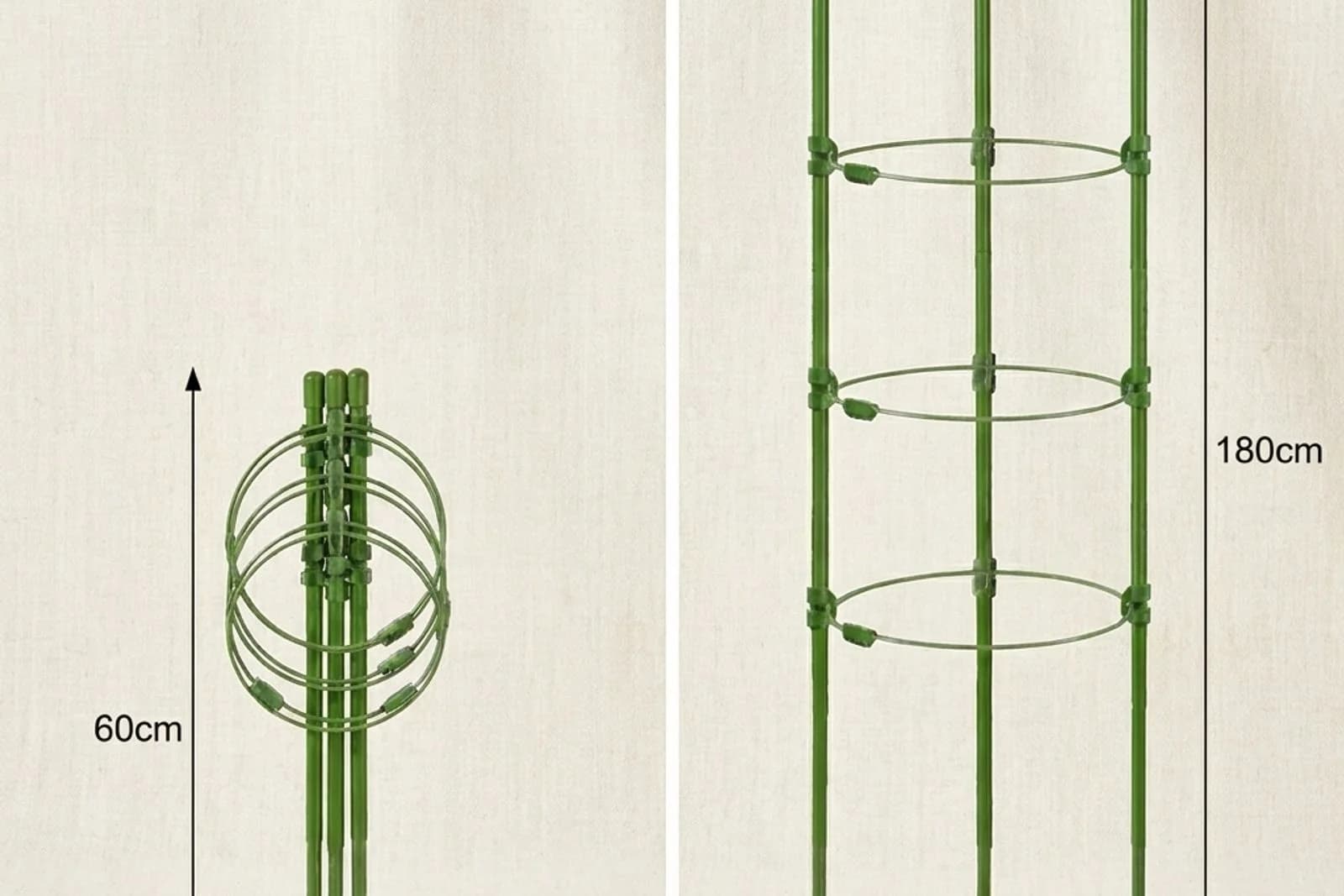 Tuteur tomate Jarditips presente en deux configurations : empile a 60 cm pour rangement et deploye a 180 cm en utilisation, fond studio clair