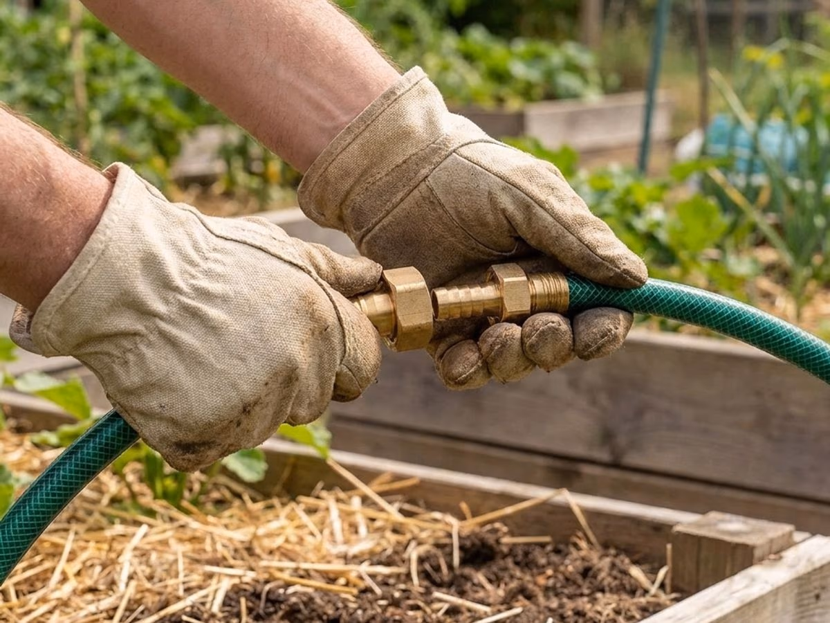 Mains gantees clipsant une jonction rapide laiton entre deux brins de tuyau vert dans un potager familial