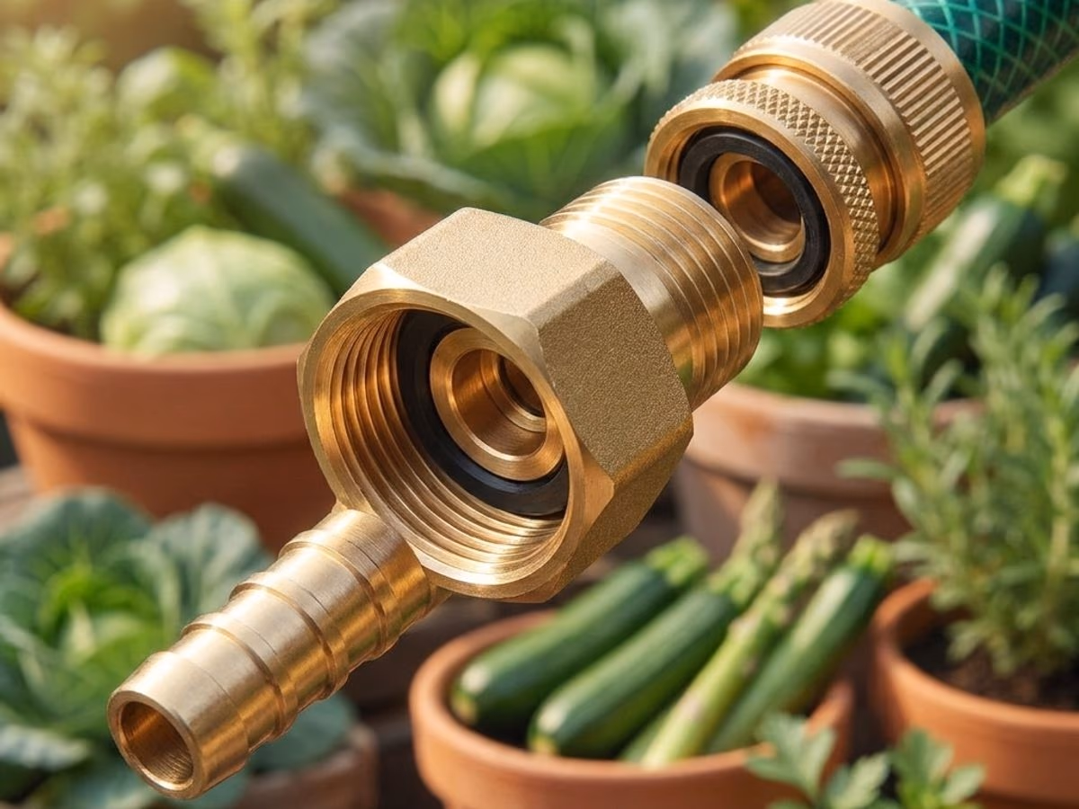 Stop water laiton ferme apres declippage de la lance, aucune goutte ne s'echappe, fond potager flou