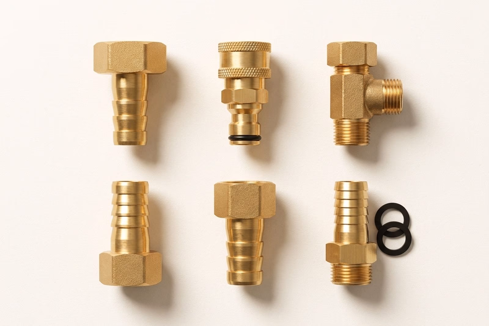 Flat-lay studio des six raccords laiton du kit Jarditips : nez de robinet, jonction rapide, stop water, multifonction, raccord rapide femelle, kit reparation joint
