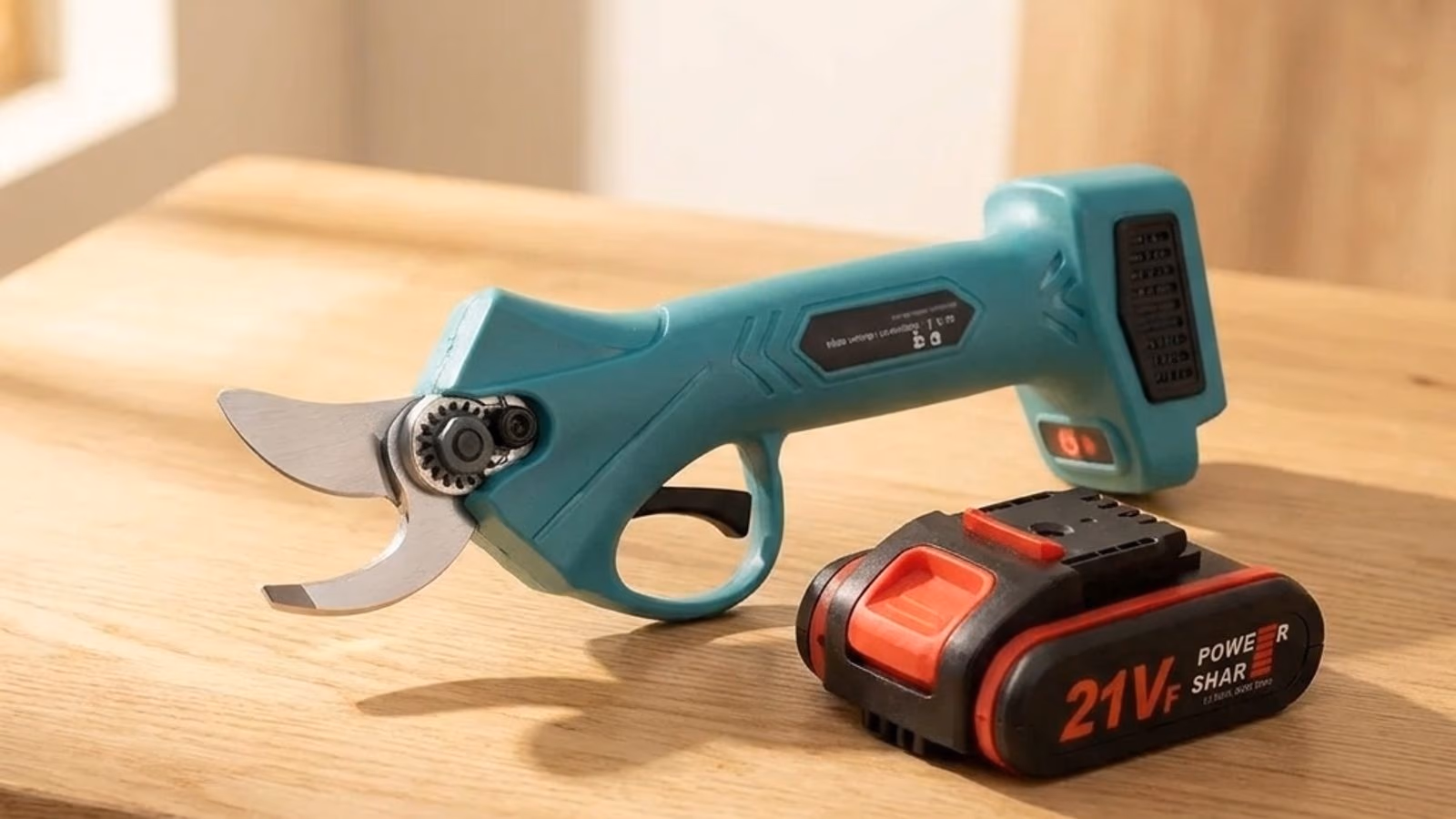 Secateur electrique 1000W Jarditips pose sur un etabli en bois clair avec sa batterie 21V detachee a cote