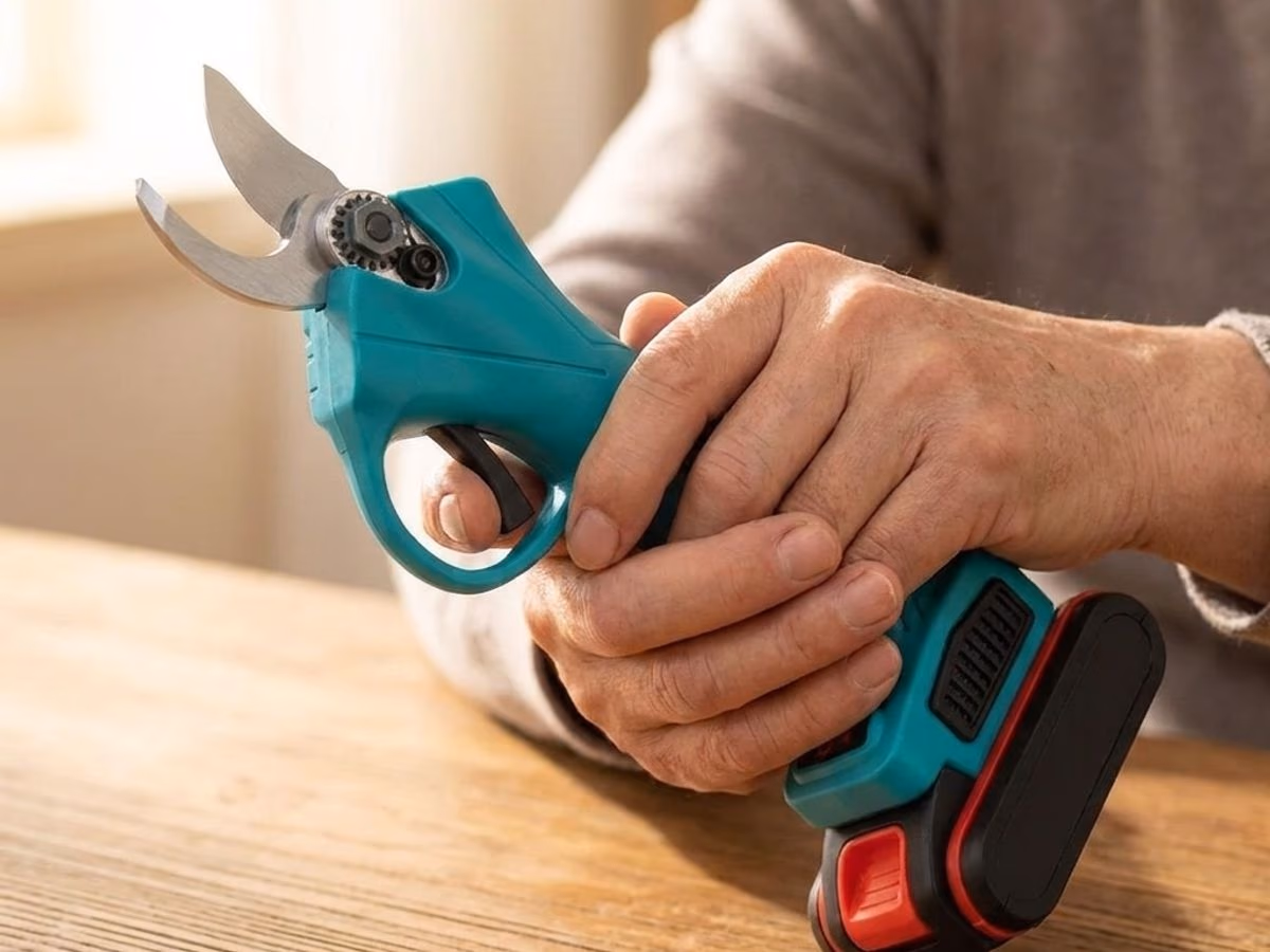 Mains seniors tenant un secateur electrique sans effort de prehension
