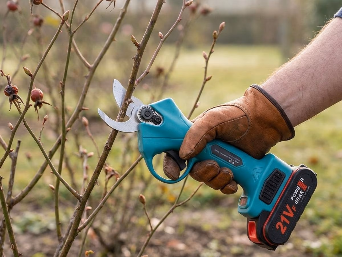 Lame en action coupant une branche fine de rosier au printemps