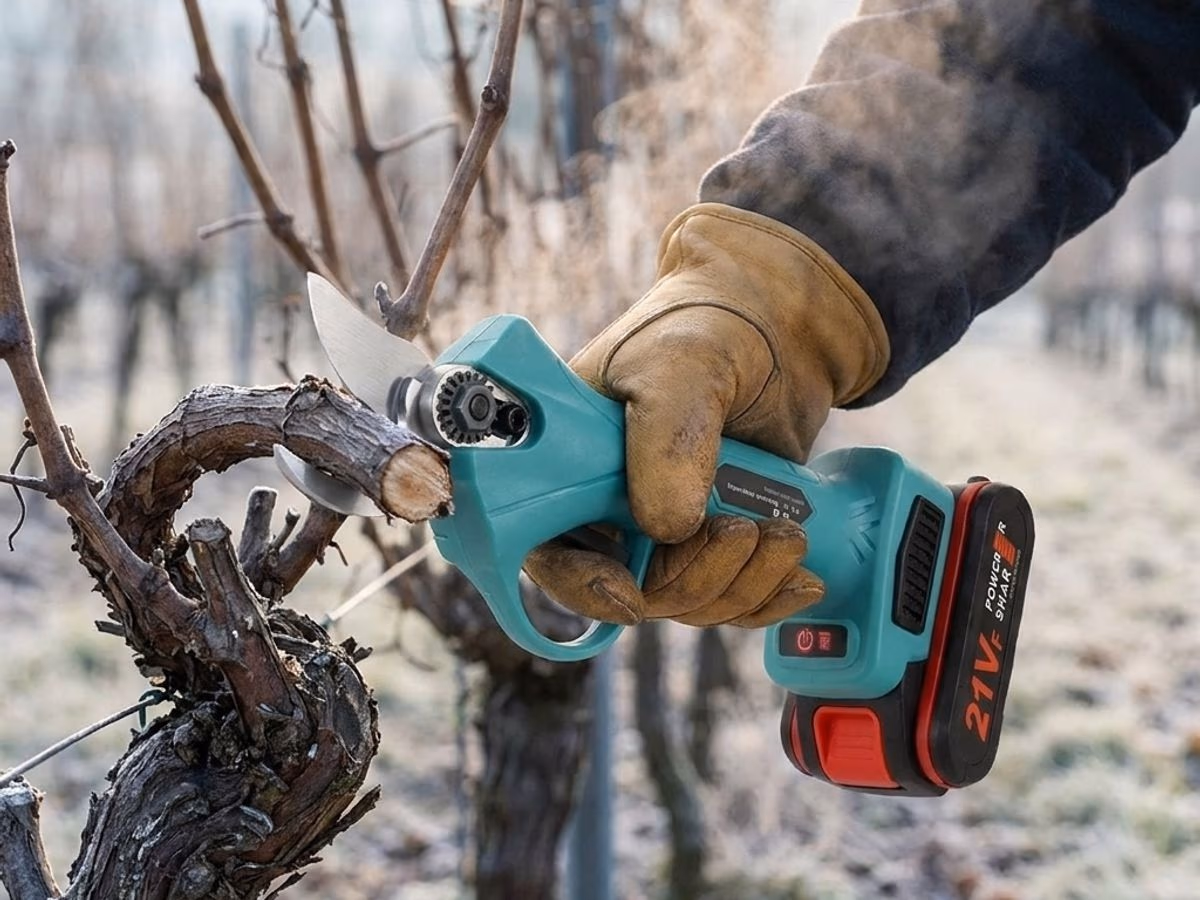 Sarment de vigne de 25 mm sectionne net par un secateur electrique en hiver, main gantee visible