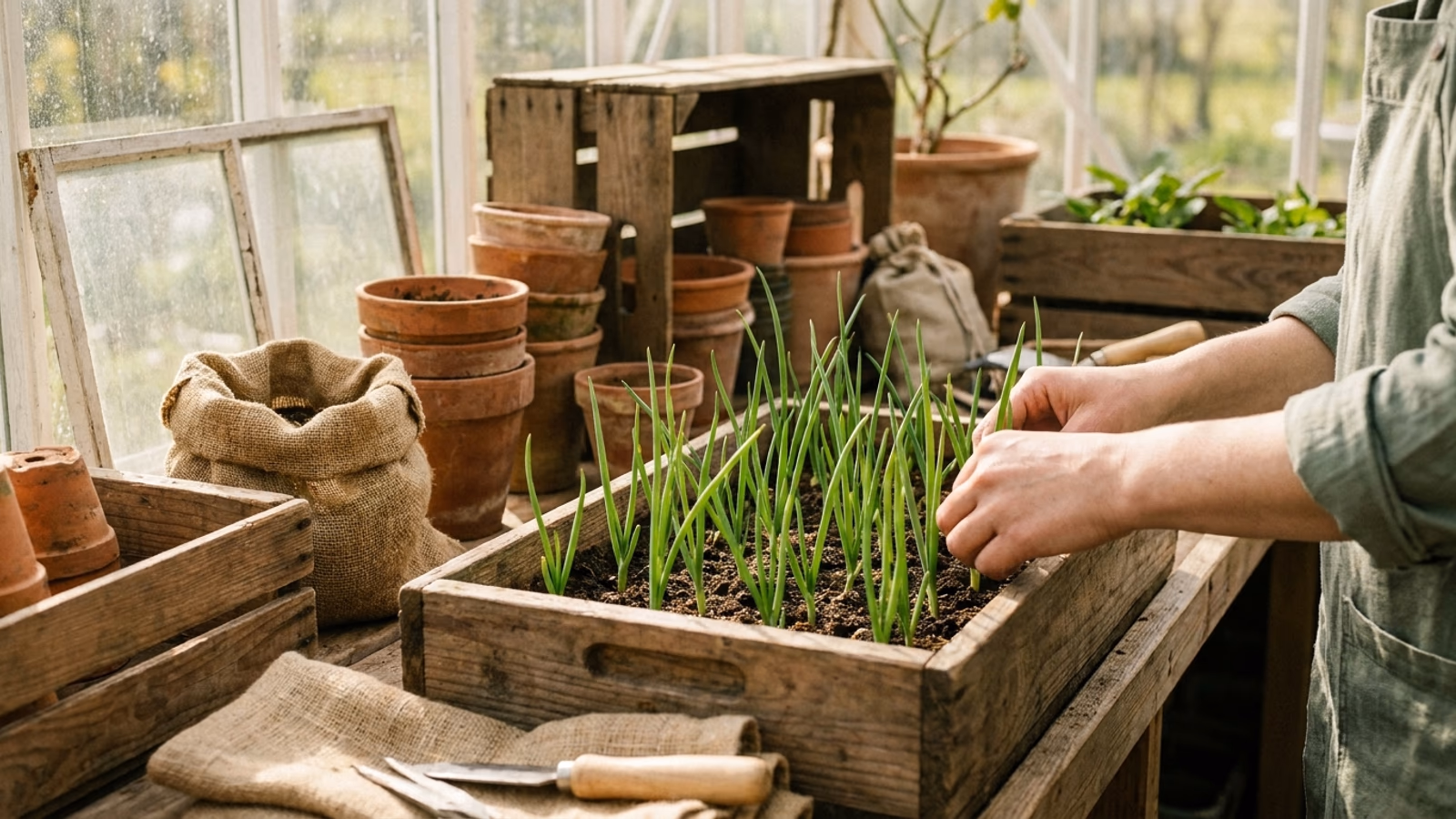 Terrine de semis d'oignons en stade crayon, jeunes plants vert tendre alignés en sillons réguliers