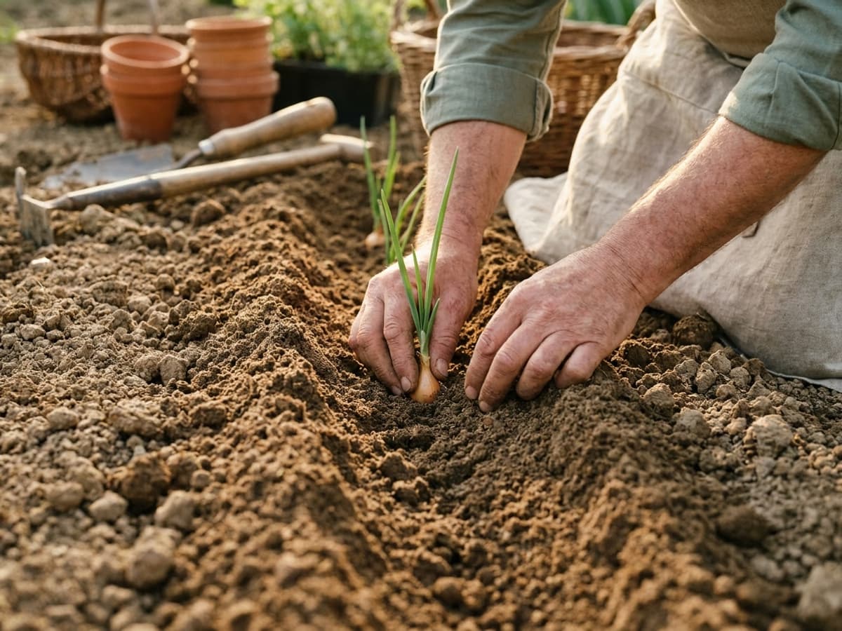 Mains de jardinier repiquant un jeune plant d'oignon au stade crayon dans un rang de potager
