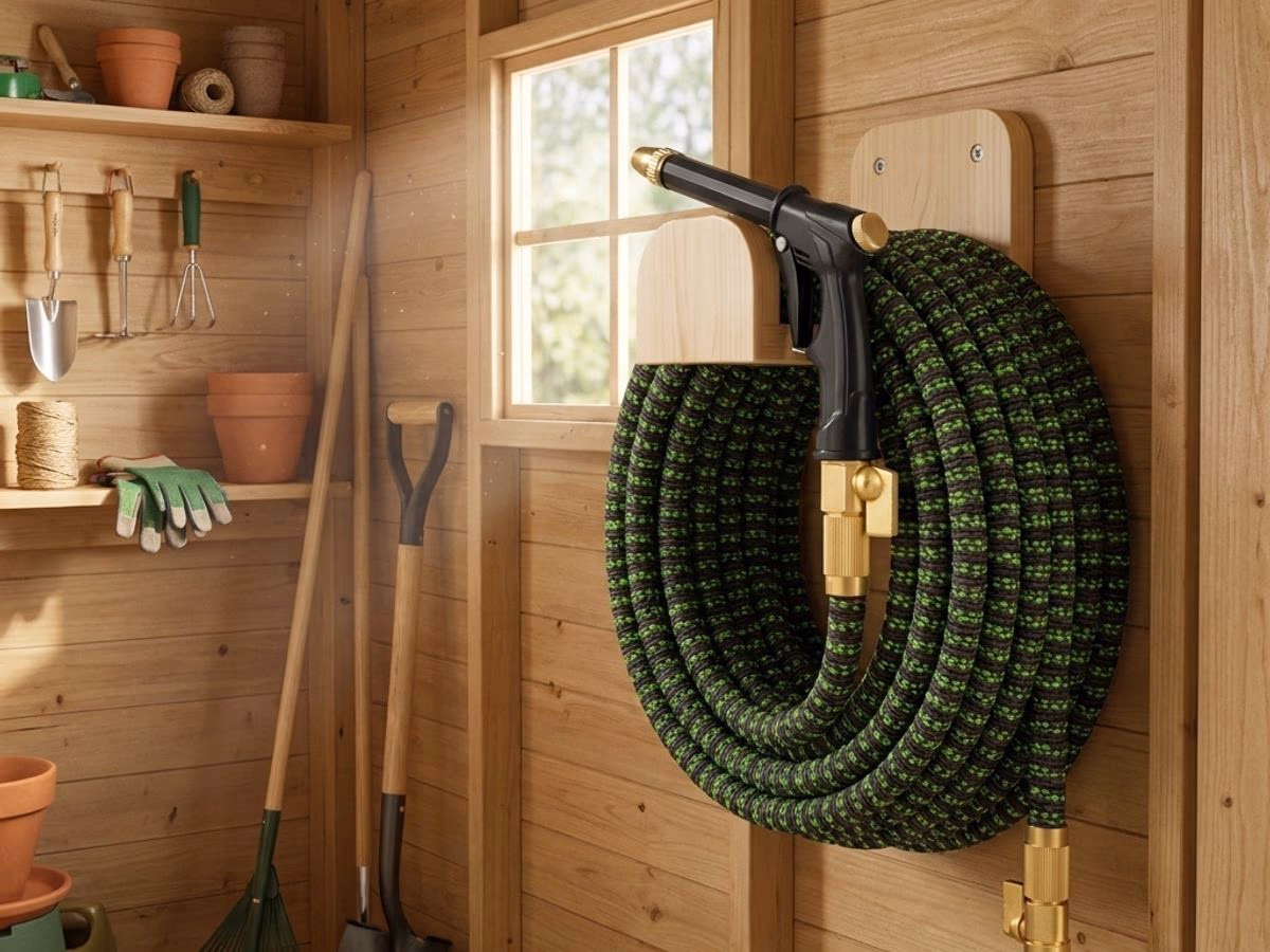Tuyau extensible retracte enroule proprement sur un support mural en bois clair dans un abri de jardin range