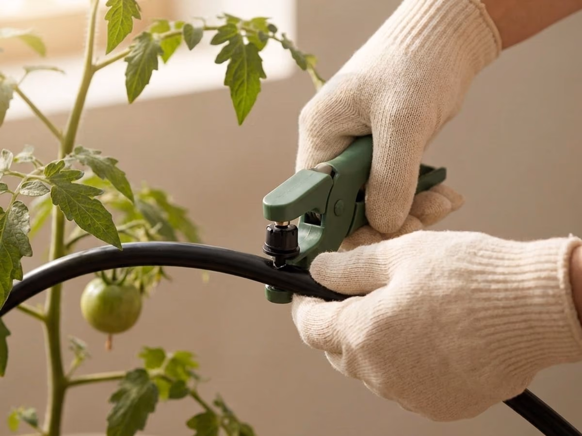 Mains gantees piquant un goutteur reglable dans un tuyau 16 mm a l'aide d'un poincon
