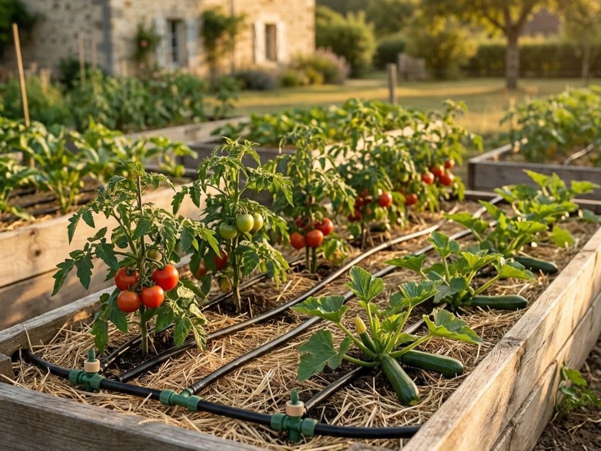 Tuyau goutte a goutte deploye au pied de plants de tomates et de courgettes dans un potager familial