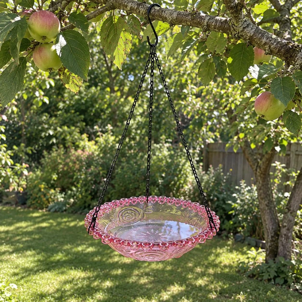Abreuvoir rose suspendu au jardin