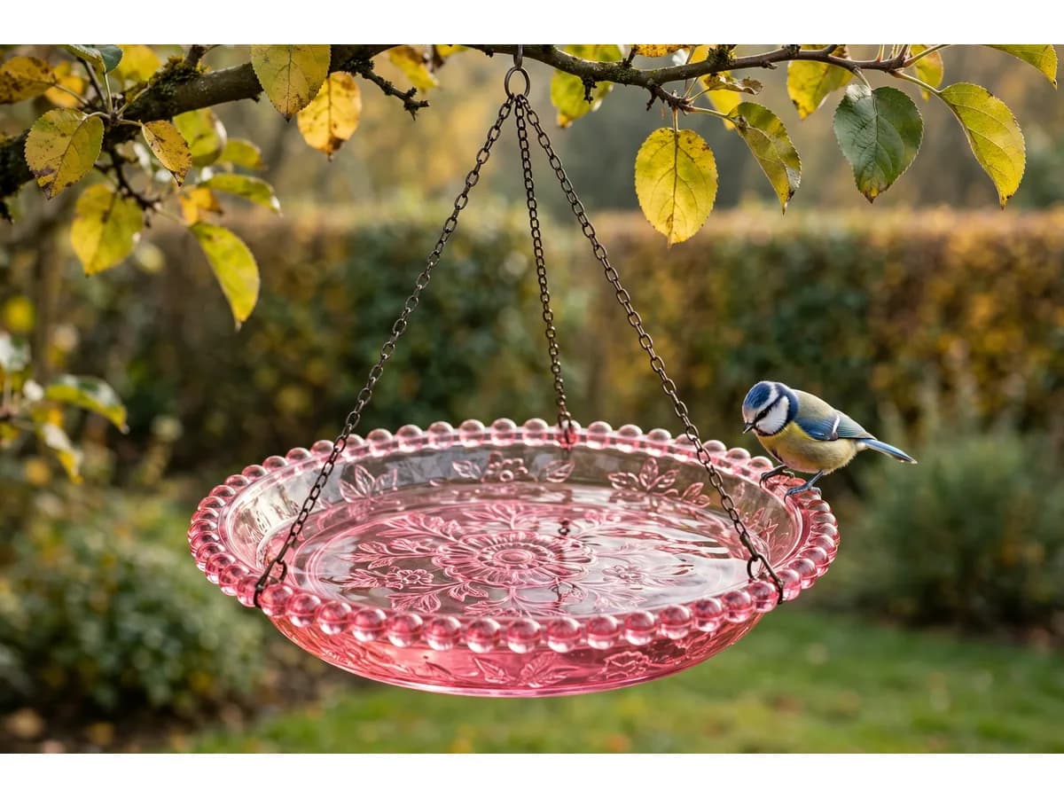 Coupelle rose translucide suspendue à une branche basse de pommier avec un fond d'eau claire, une mésange bleue posée sur le bord festonné