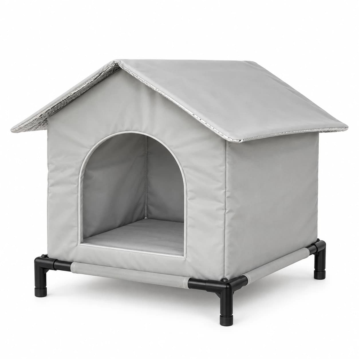 Abri cave pliable pour chat, gris clair, monté et vu de face sur fond blanc