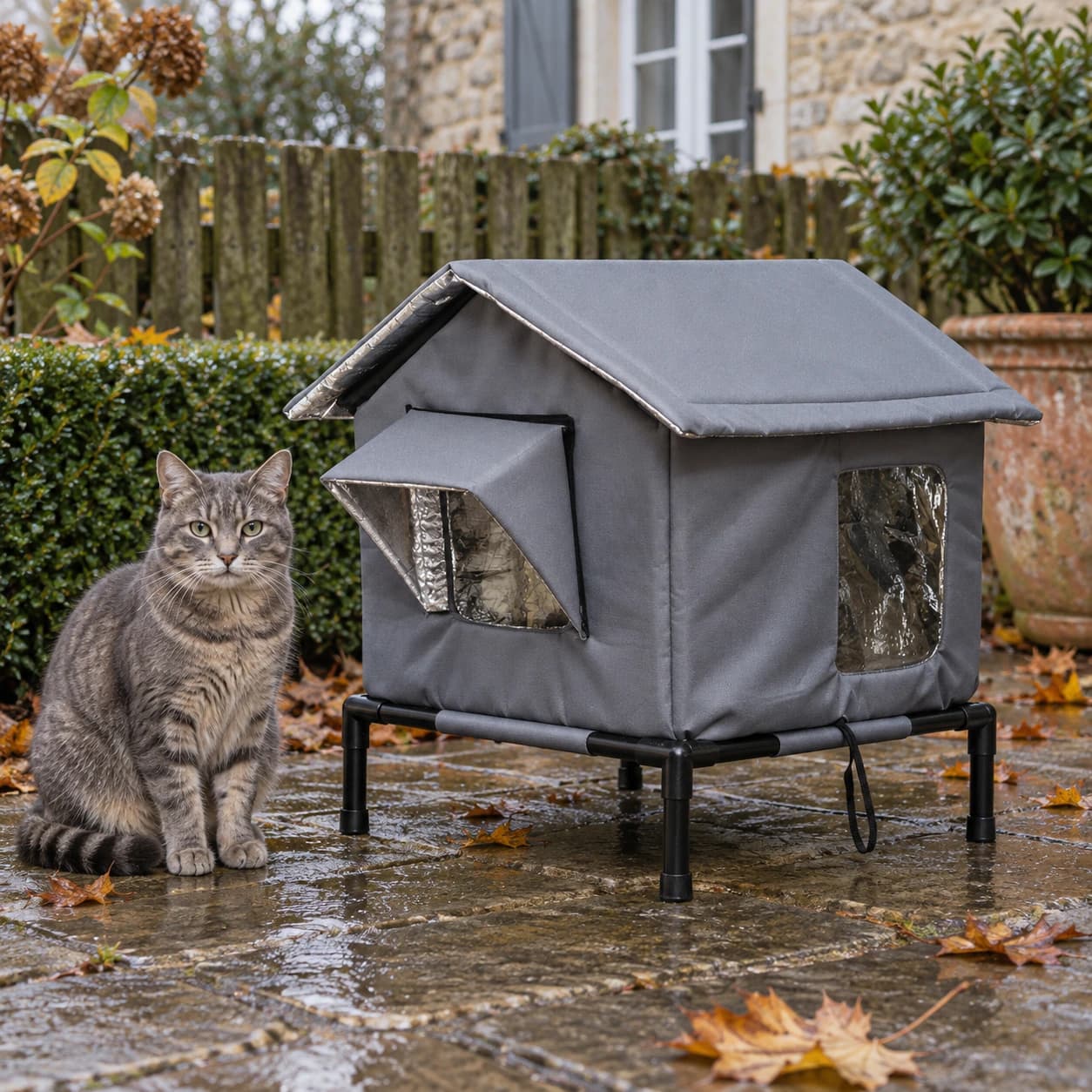 Niche grise sur une terrasse en pierre mouillée, un chat tigré assis à côté, feuilles d’automne