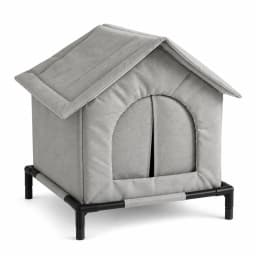 Abri pliable pour chat en toile grise, toit à deux pentes et arche fermée par deux pans de rideau