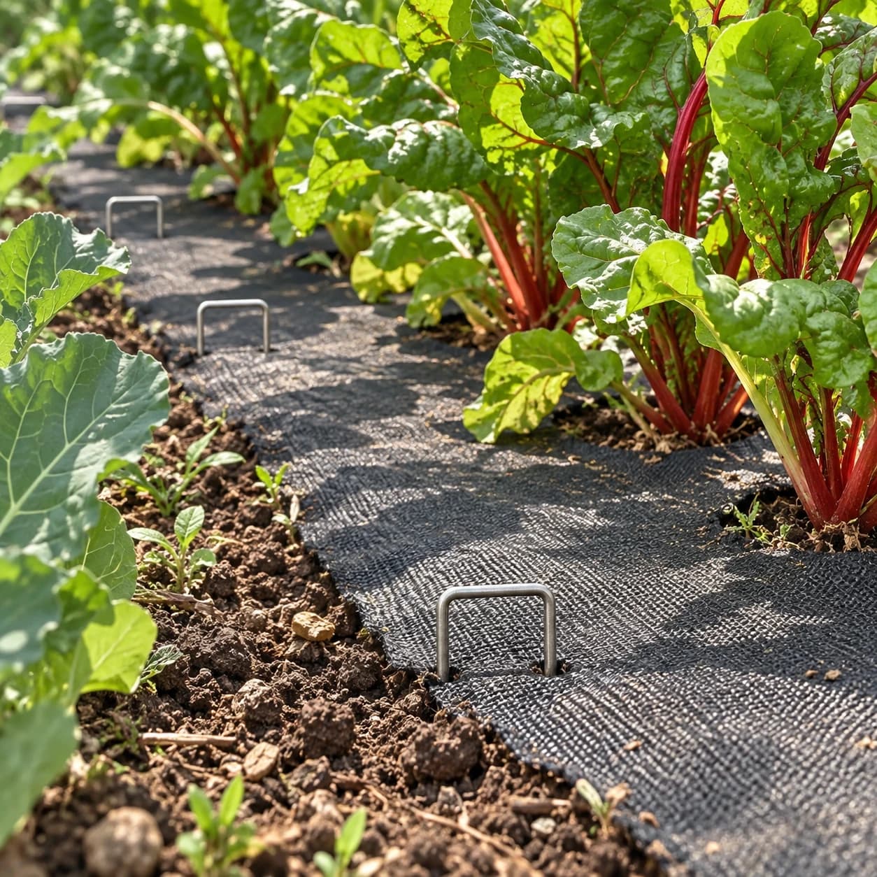 Agrafes plantées dans un film de paillage noir entre des rangs de blettes
