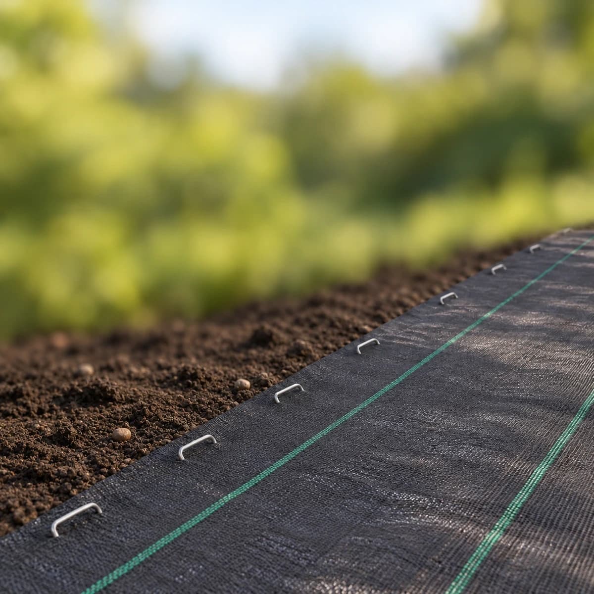 Agrafes plantées le long d'une toile de paillage noire, dans un potager