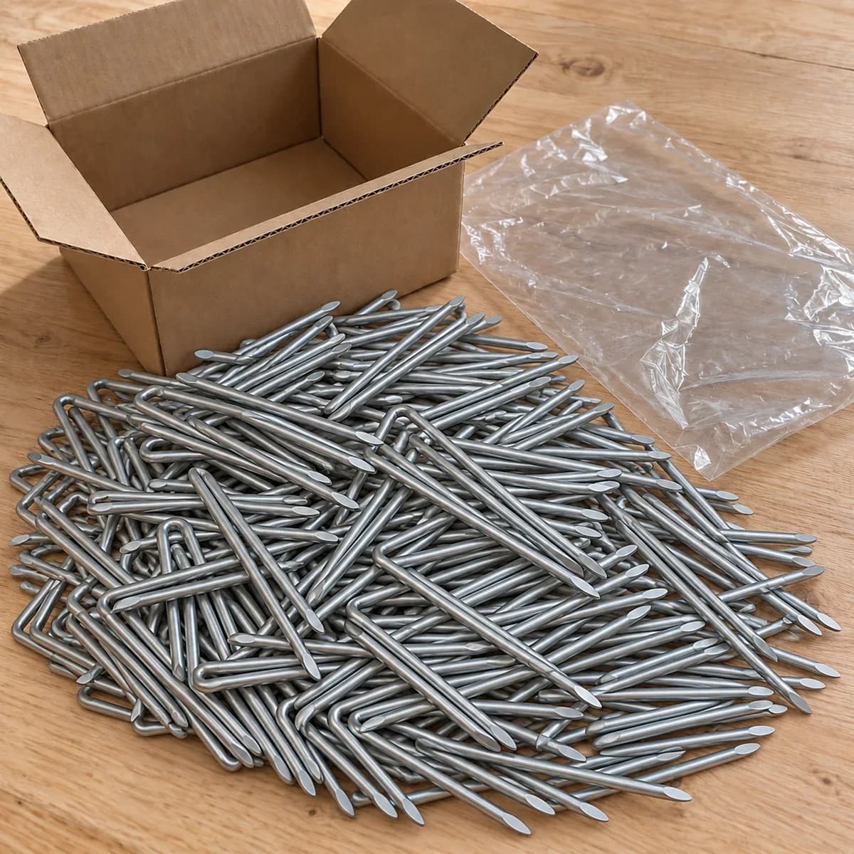 Agrafes en tas sur une table en bois, avec le carton et le sachet du colis